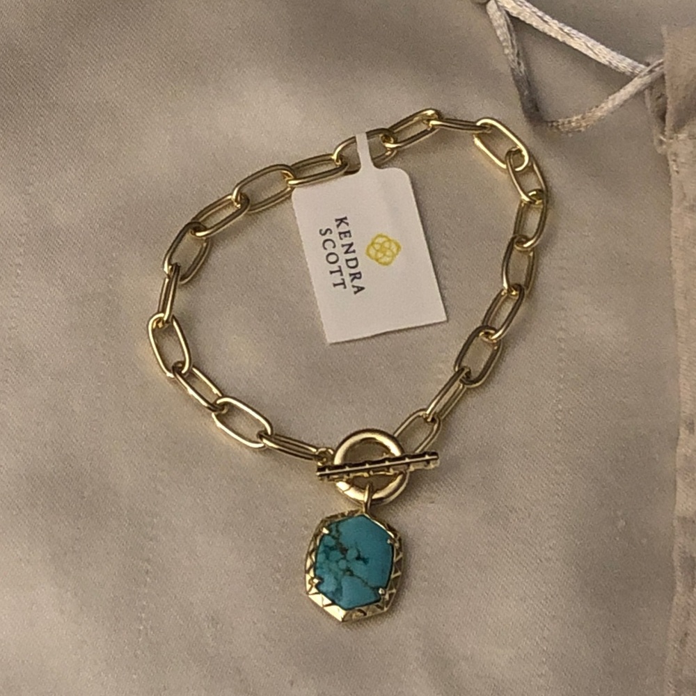 Kendra Scott Daphne Gold Tone Paper Clip Bracelet Variegated Turquoise Charm NWT - Picture 9 of 11